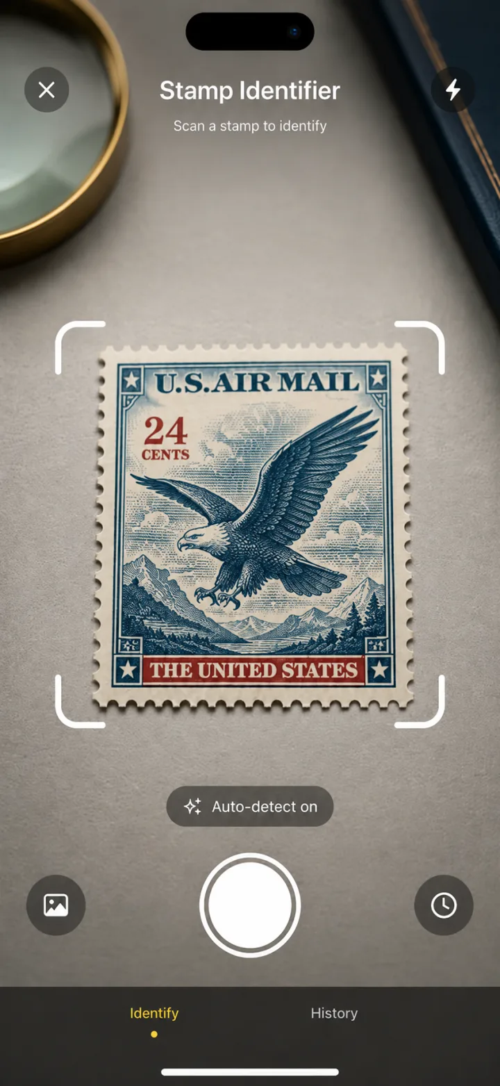 Stamp Identifier shows a live camera view with a U.S. Air Mail stamp centered in focus brackets and a capture button