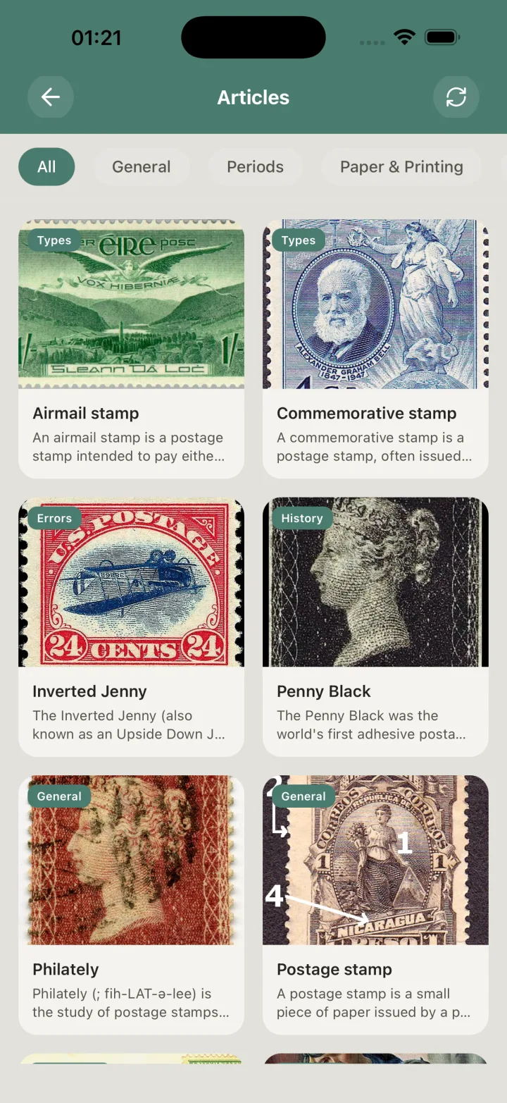 Stamp Identifier shows My Collection with a grid of stamp thumbnails, a bottom navigation bar, and a header stating 18 items collected